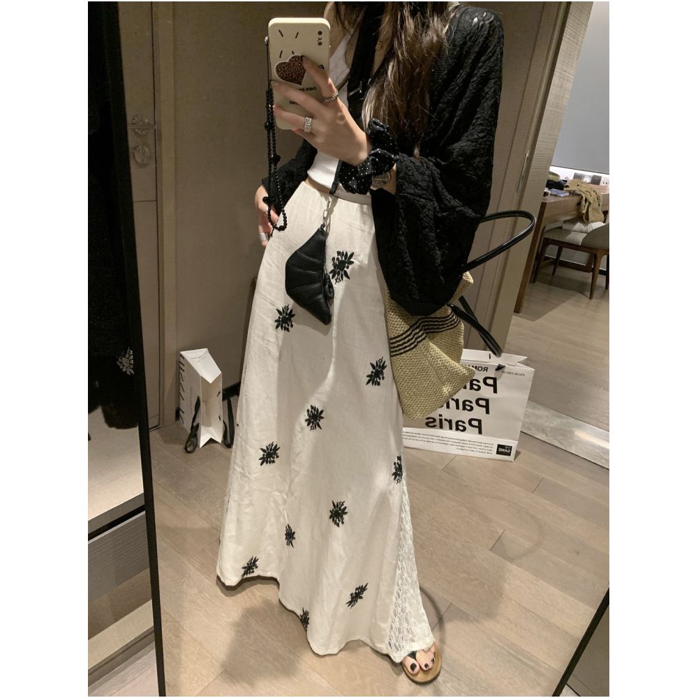 Fanccy Linen Embroidered Lace Splicing Half length Skirt for Women 2025 Summer New Style A line Medium length Design image 0