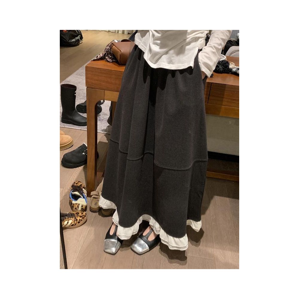 Fanccy lace woolen skirt for women 2024 autumn and winter new mid to long style with a hanging feeling that makes them look slim and lazy straight tube skirt image 0