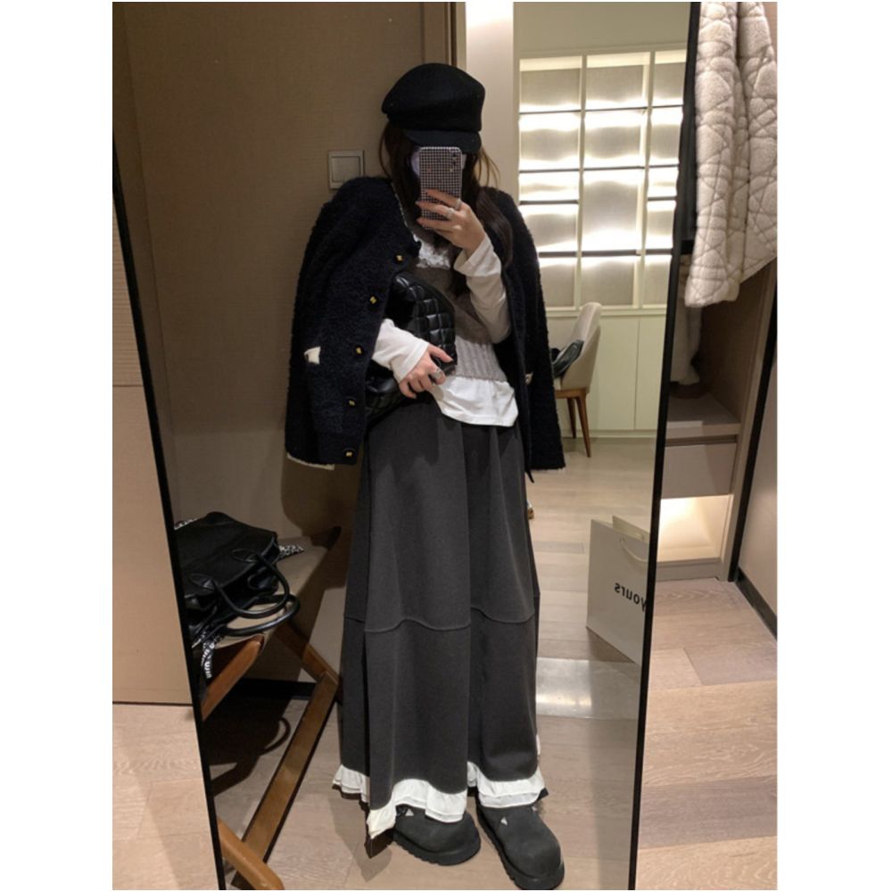 Fanccy lace woolen skirt for women 2024 autumn and winter new mid to long style with a hanging feeling that makes them look slim and lazy straight tube skirt image 2