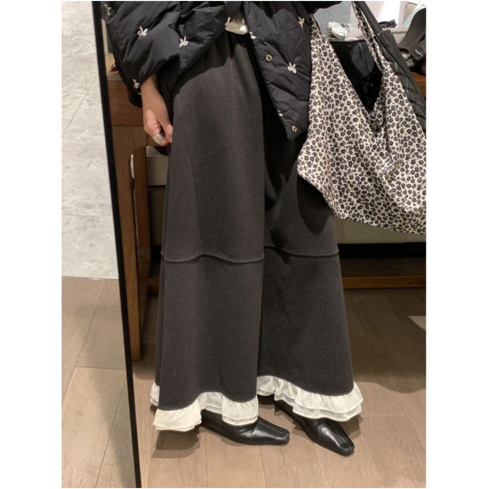 Fanccy lace woolen skirt for women 2024 autumn and winter new mid to long style with a hanging feeling that makes them look slim and lazy straight tube skirt image 3