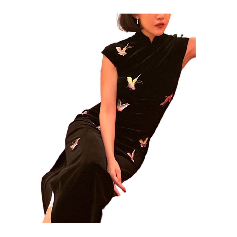 Charming high end French Hepburn style gold velvet dress daily light luxury butterfly embroidery Chinese style improved cheongsam image 4