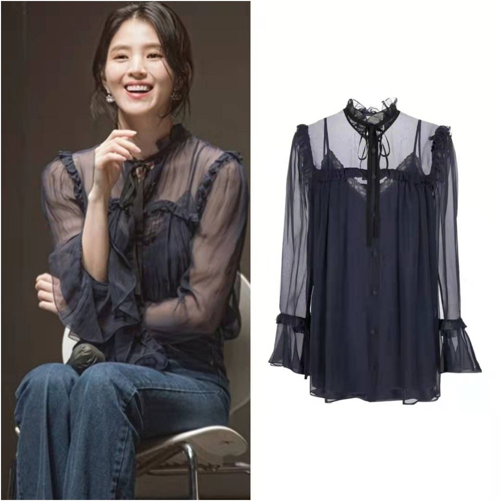 ASAYA5331 – Midnight Sheer Ribbon Blouse 🌙✨