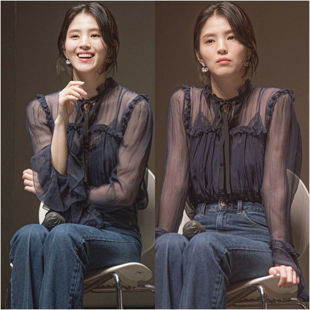 Han Suxi s black ruffled chiffon shirt with female design sense niche lace camisole two piece top set trendy image 0