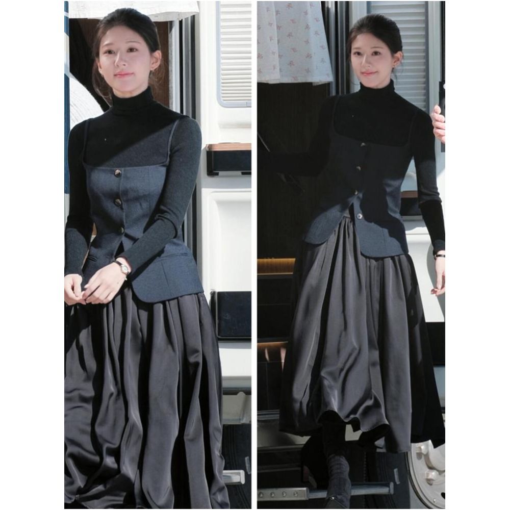 Lover Zhao Lusi Ruan Yu same black camisole vest high neck knitted sweater bottom top skirt female image 0
