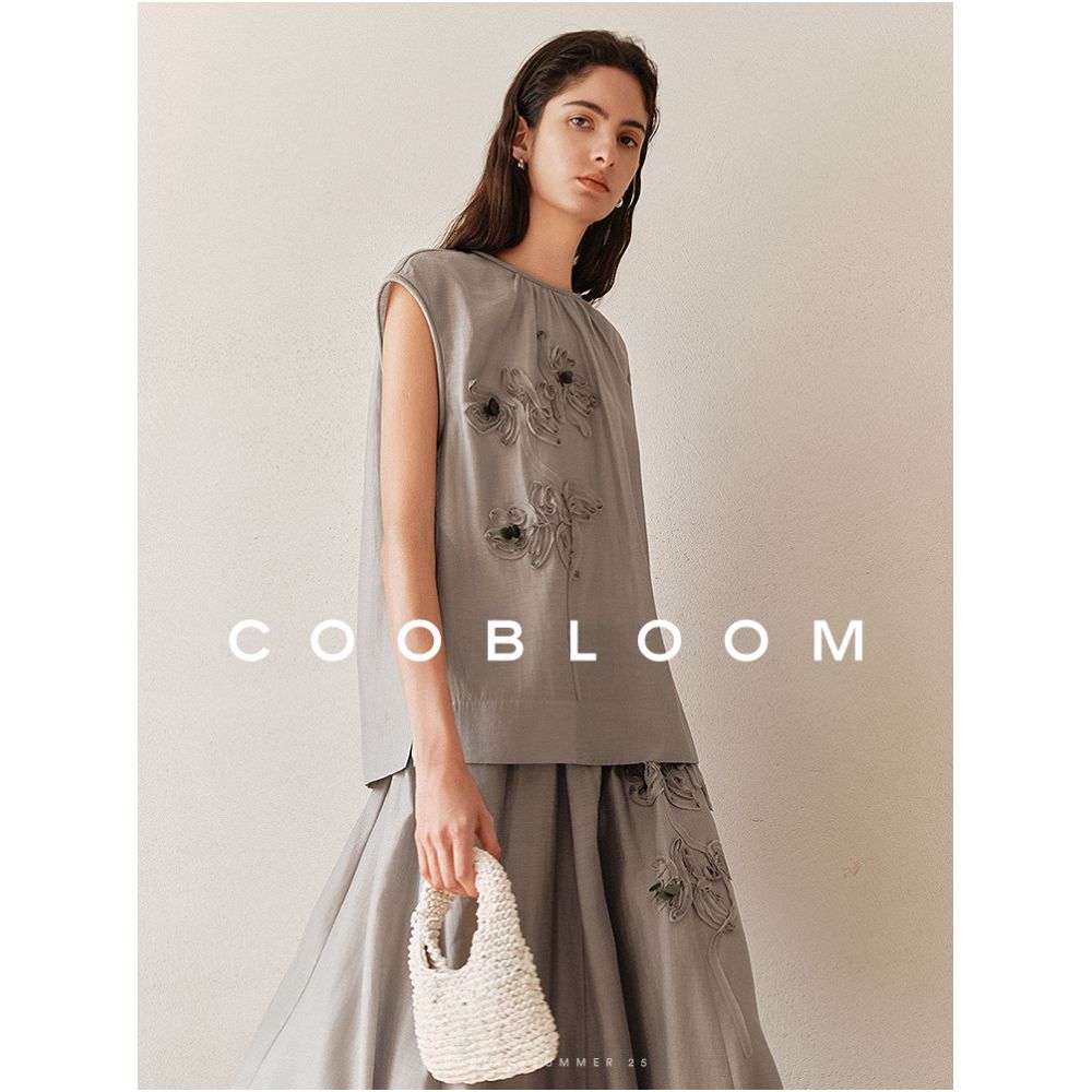 COOBLOOM Three Dimensional Embroidered Fashion Versatile Two Piece Set Summer Sleeveless Top High Waist Skirt for Women image 1