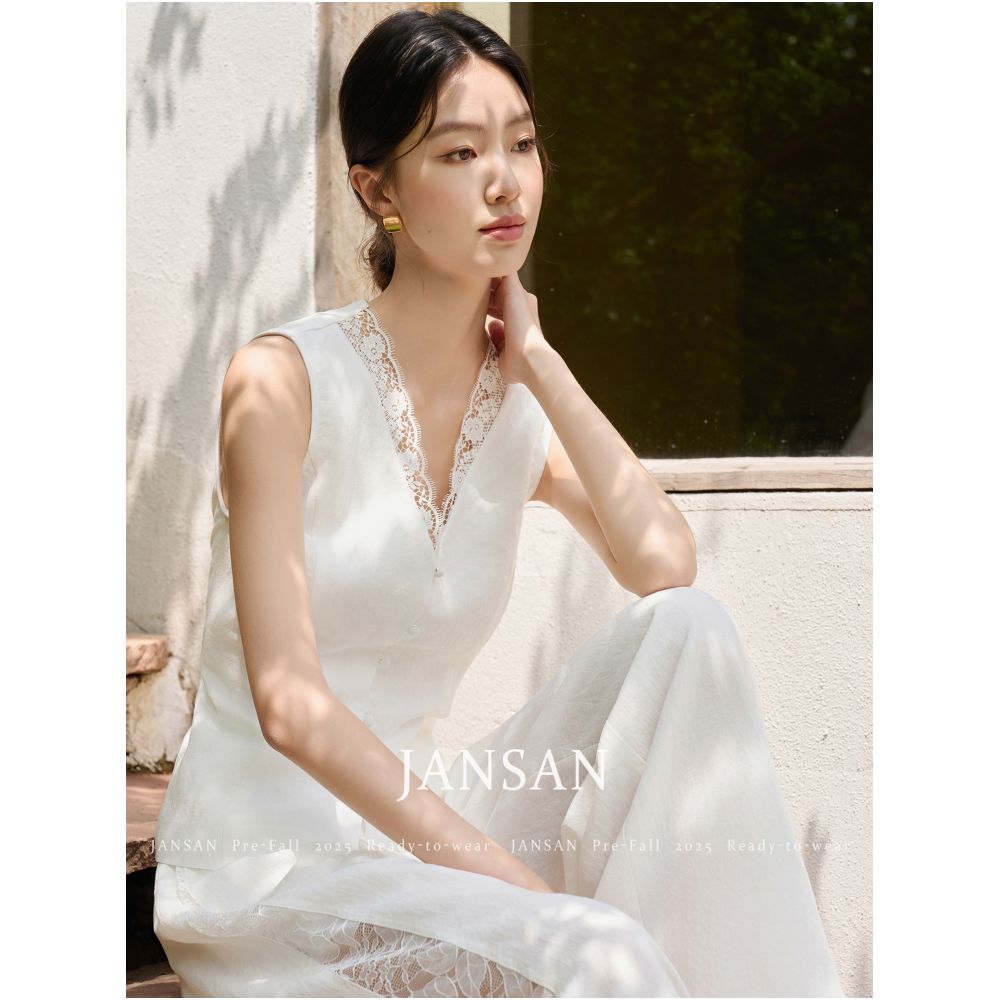 JANSAN Tencel Linen Lace Adjustable Waist Vest Hollow Wide Leg Pants Set image 1