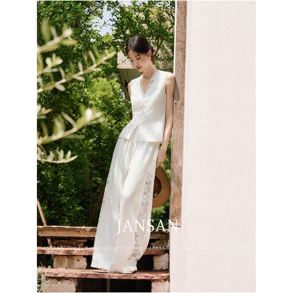JANSAN Tencel Linen Lace Adjustable Waist Vest Hollow Wide Leg Pants Set image 4