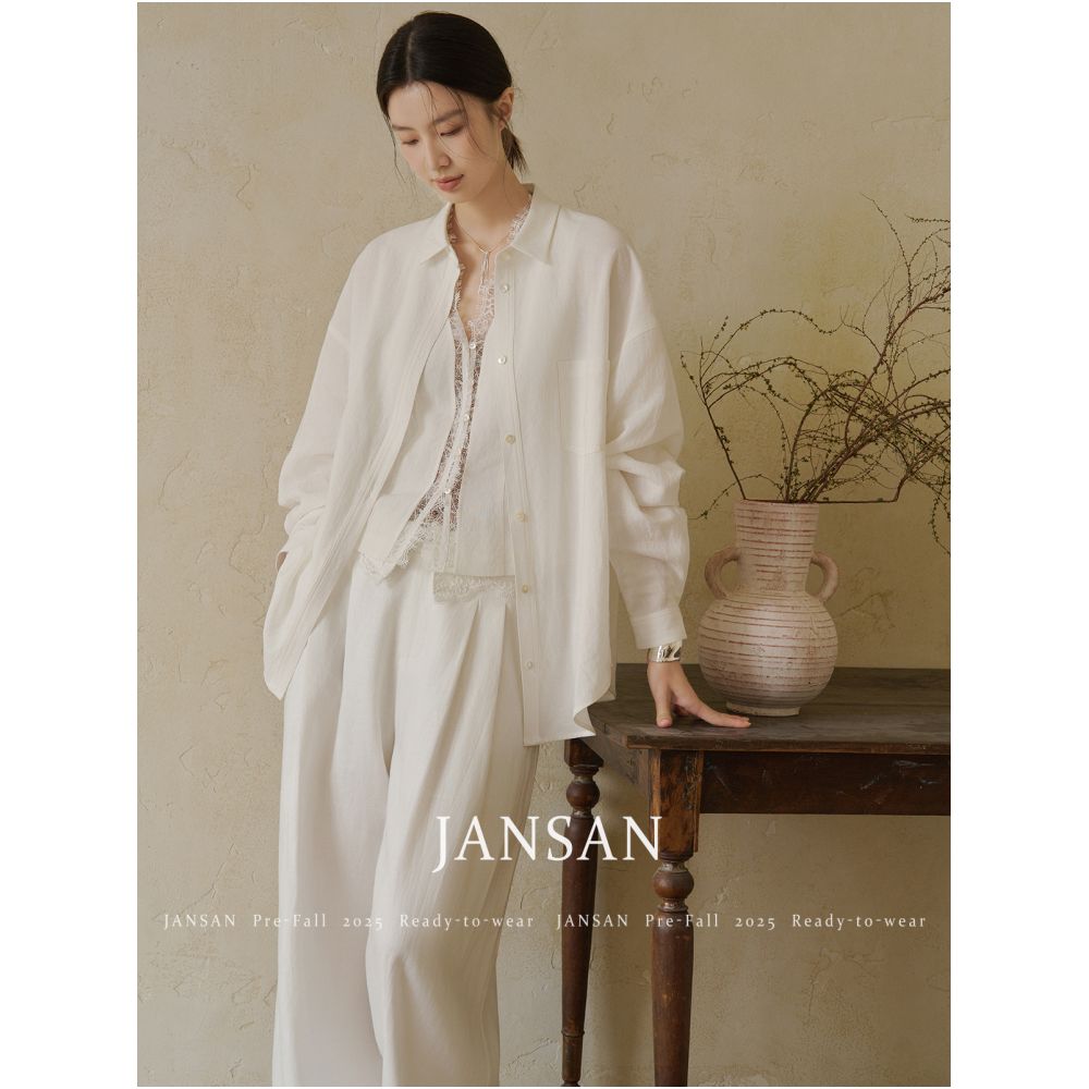 JANSAN heavyweight Tencel linen lace vest shirt flip over design pants three piece set image 0