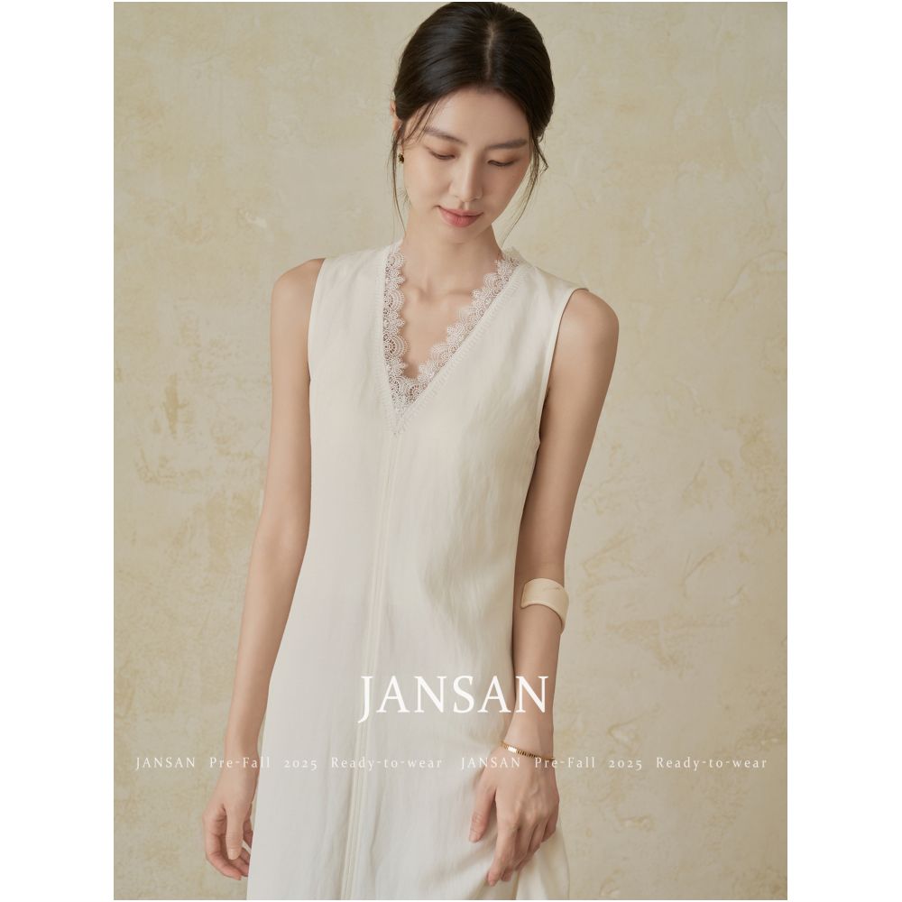 JANSAN Men s Silk and Hemp Slippery V neck Handmade Lace Lace Sleeveless Waist Folding Paper Man s Long Dress image 0