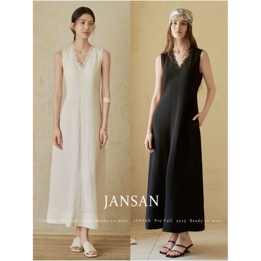 JANSAN Men s Silk and Hemp Slippery V neck Handmade Lace Lace Sleeveless Waist Folding Paper Man s Long Dress image 1