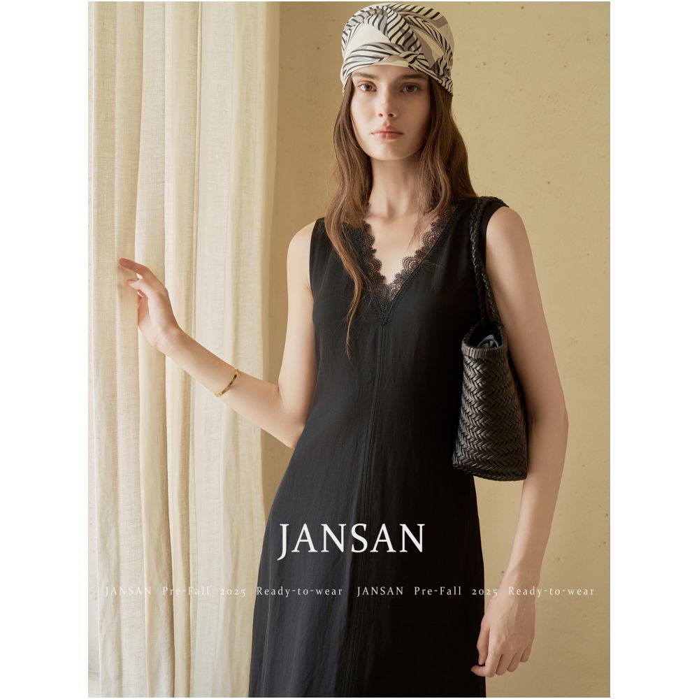 JANSAN Men s Silk and Hemp Slippery V neck Handmade Lace Lace Sleeveless Waist Folding Paper Man s Long Dress image 3