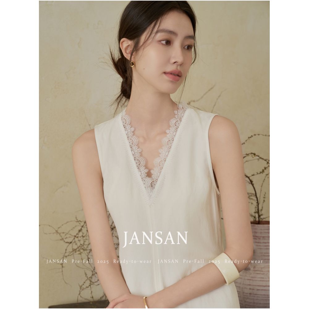 JANSAN Men s Silk and Hemp Slippery V neck Handmade Lace Lace Sleeveless Waist Folding Paper Man s Long Dress image 4
