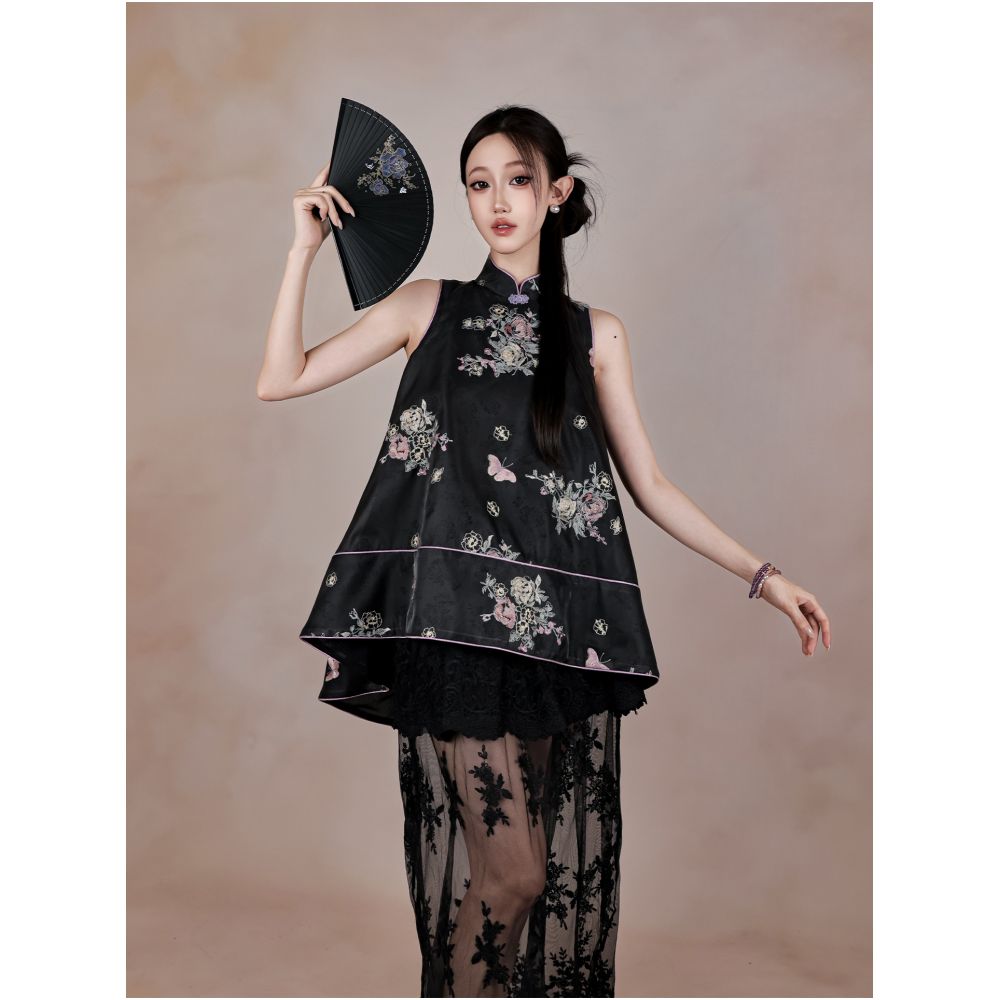 BYLU Lunar Eclipse Rose National Style New Chinese Jacquard Stand up Collar Sleeveless Shirt Vest Women s Summer Digging Shoulder Top image 0