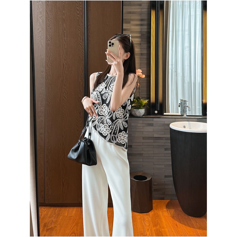 YOU SEE Pomelo Sees Summer Full of Exquisite Feeling Flower vine floating branches are too beautiful Black sleeveless vest image 2