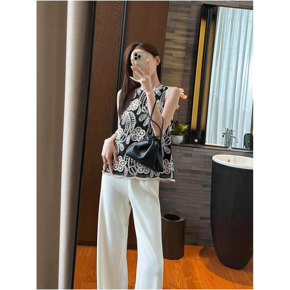 YOU SEE Pomelo Sees Summer Full of Exquisite Feeling Flower vine floating branches are too beautiful Black sleeveless vest image 4