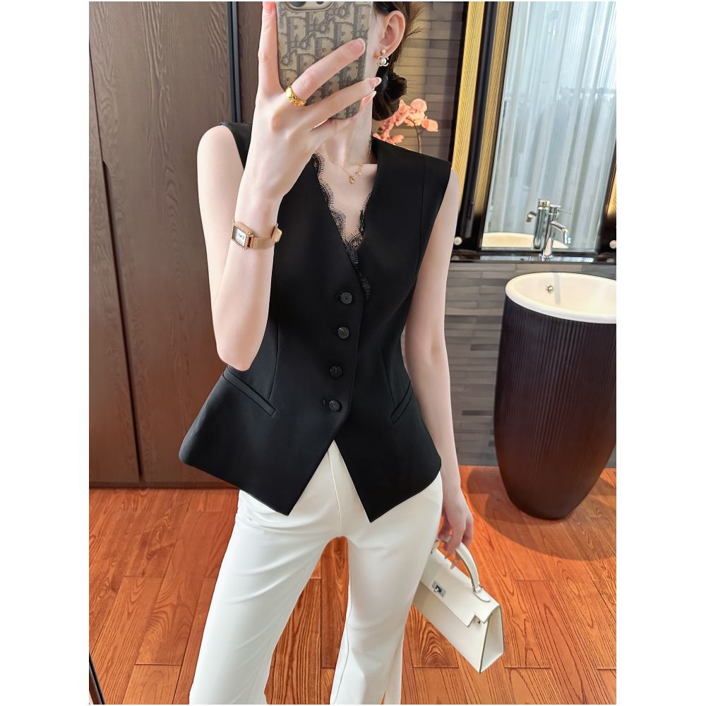 YOU SEE Yuzhen One click Grip Skilled and Fashionable Light Mature Style Black Lace Splicing Sleeveless Vest image 0