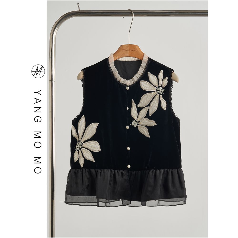 Fashionable temperament embroidery nail bead lace lace organza splicing vest half body set for women 2025 autumn new item image 1