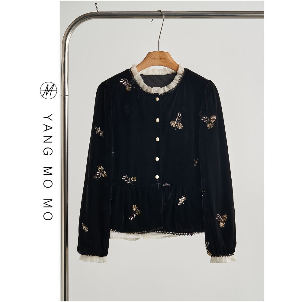 New Chinese retro luxurious velvet bead sequin embroidered jacket top skirt set autumn new women s clothing image 1