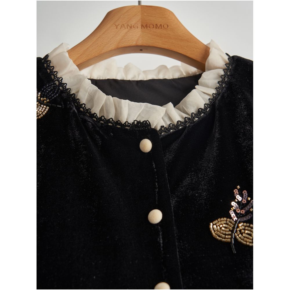 New Chinese retro luxurious velvet bead sequin embroidered jacket top skirt set autumn new women s clothing image 3