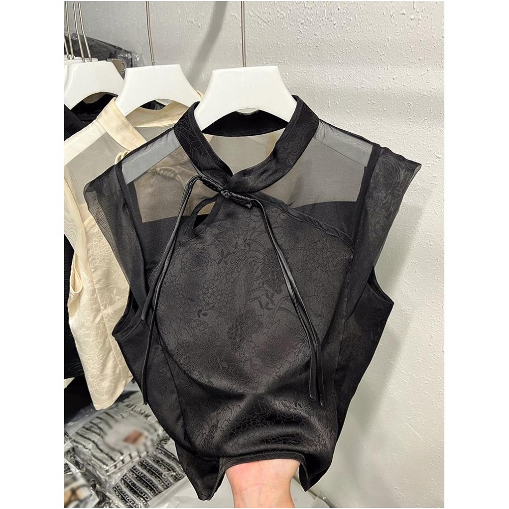 Lixu national style stand collar buckle chiffon shirt loose sleeveless mesh top for women in summer 2025 new silk dark pattern small image 0