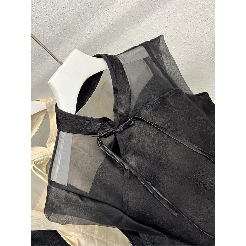 Lixu national style stand collar buckle chiffon shirt loose sleeveless mesh top for women in summer 2025 new silk dark pattern small image 1