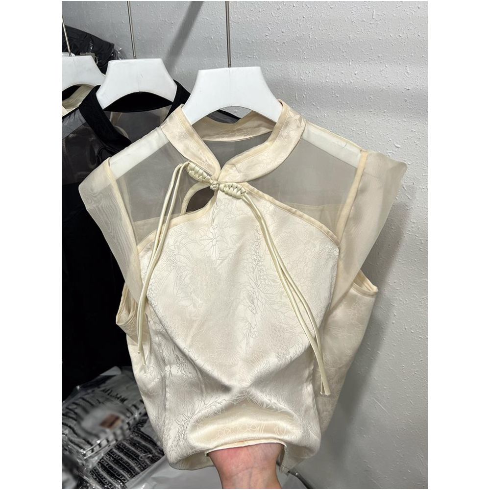 Lixu national style stand collar buckle chiffon shirt loose sleeveless mesh top for women in summer 2025 new silk dark pattern small image 2