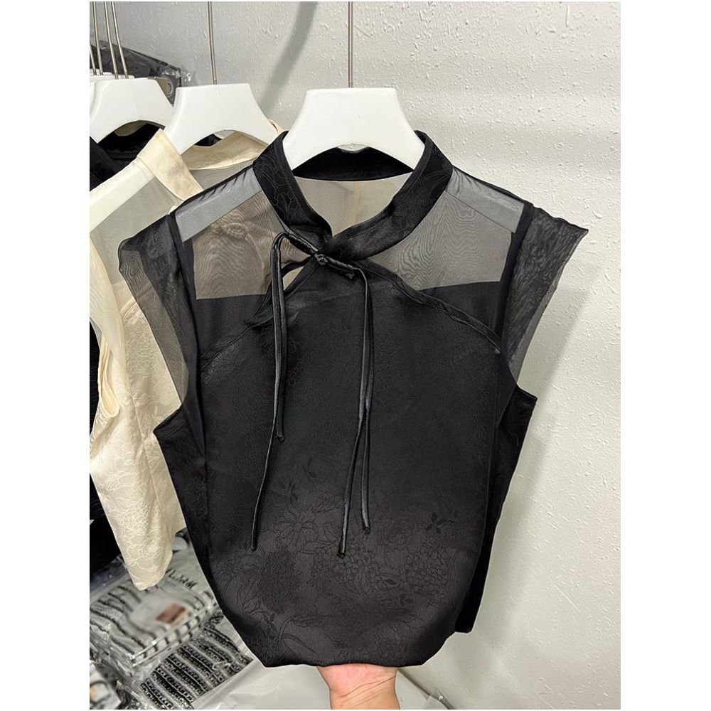 Lixu national style stand collar buckle chiffon shirt loose sleeveless mesh top for women in summer 2025 new silk dark pattern small image 3