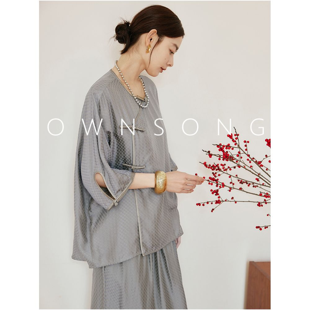 OWNSONG Mulberry Silk Jacquard New Chinese Style Set Loose Lantern Sleeve Top Split Half Skirt Two Piece Set for Women image 1
