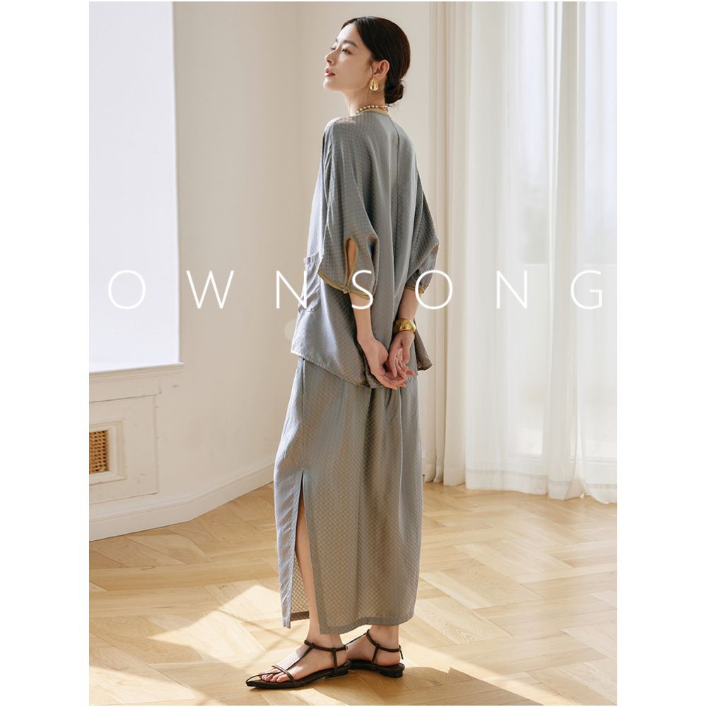 OWNSONG Mulberry Silk Jacquard New Chinese Style Set Loose Lantern Sleeve Top Split Half Skirt Two Piece Set for Women image 2