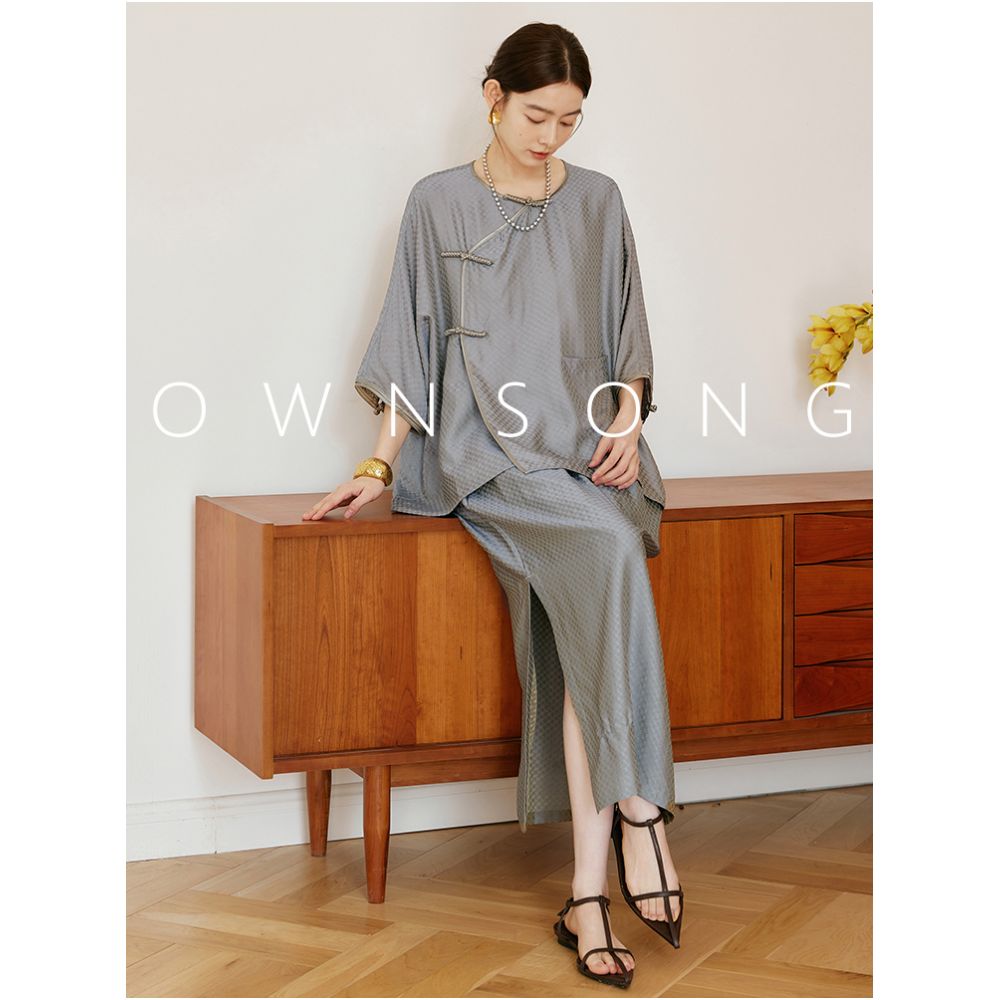OWNSONG Mulberry Silk Jacquard New Chinese Style Set Loose Lantern Sleeve Top Split Half Skirt Two Piece Set for Women image 3