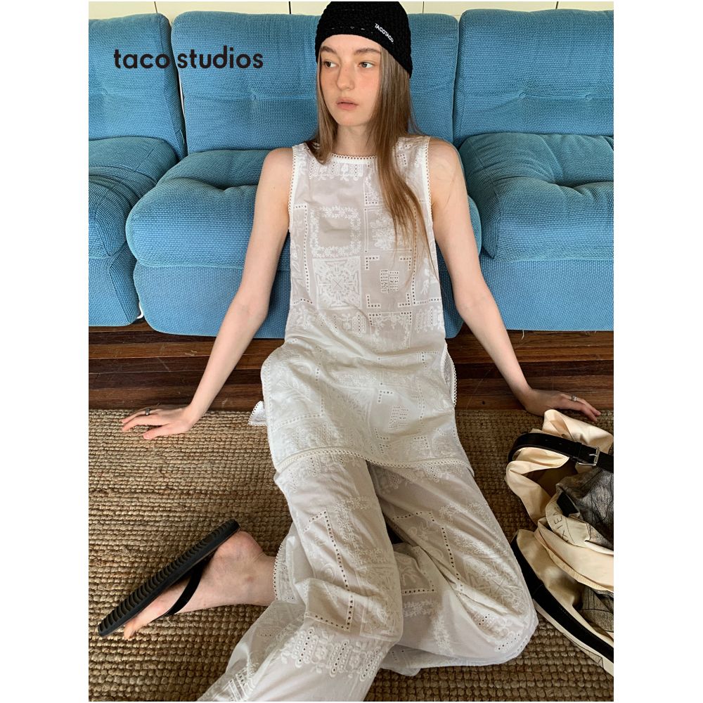 Taco Studios Ten Thousand Needle Embroidered Hollow Flower Sleeveless Tank Top Casual Pants All Cotton Design Sense Set image 2