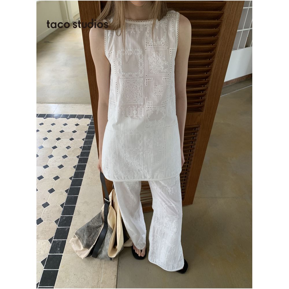 Taco Studios Ten Thousand Needle Embroidered Hollow Flower Sleeveless Tank Top Casual Pants All Cotton Design Sense Set image 4