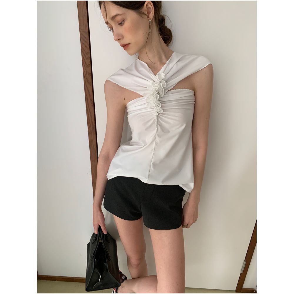 Taco Studios special embroidery lace craft French cotton cross design feeling slimming top image 3