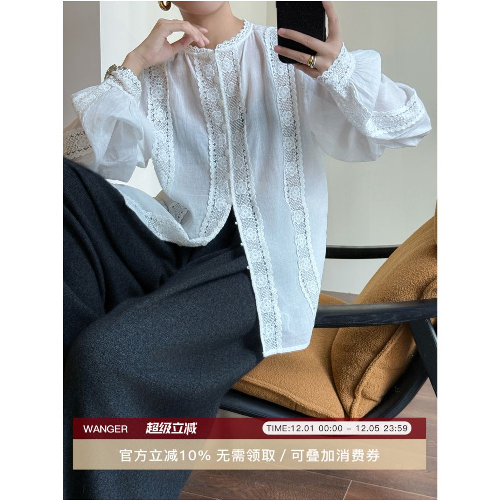 WANG Window Shirt Oil painting of a young girl with three dimensional embroidery and lace wearing lantern sleeves in front and back loose fitting shirt image 0