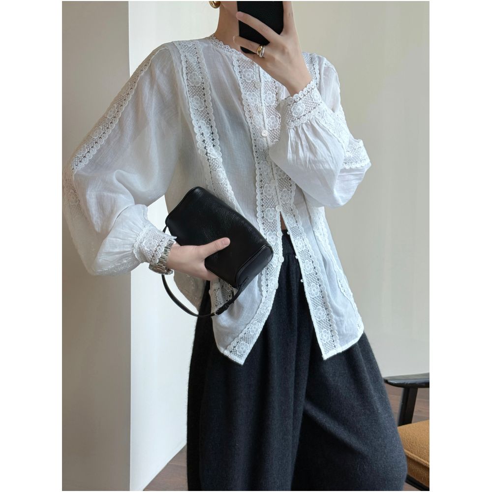 WANG Window Shirt Oil painting of a young girl with three dimensional embroidery and lace wearing lantern sleeves in front and back loose fitting shirt image 4