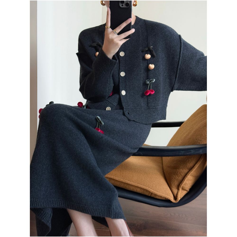 Wanger special Gray Grey 100 wool round neck long sleeved knitted cardigan high waisted long skirt two piece set image 1