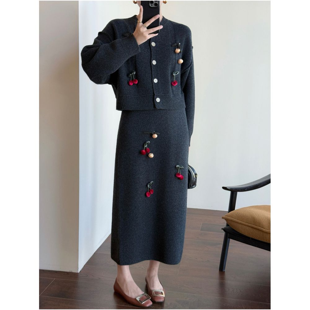 Wanger special Gray Grey 100 wool round neck long sleeved knitted cardigan high waisted long skirt two piece set image 3