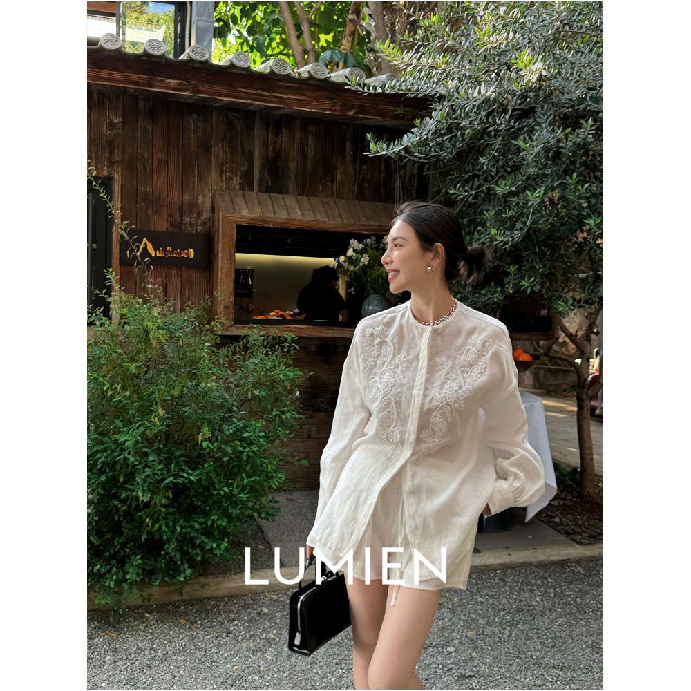 Li Xinger LUMIEN 100 linen three dimensional bead embroidered shirt top for women s autumn long sleeved round neck casual shirt image 1