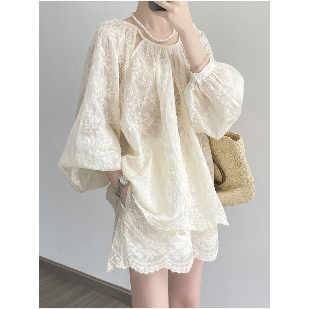 High end embroidered sun protective shirt set for women summer style lantern sleeve top casual wide leg shorts two piece set image 0