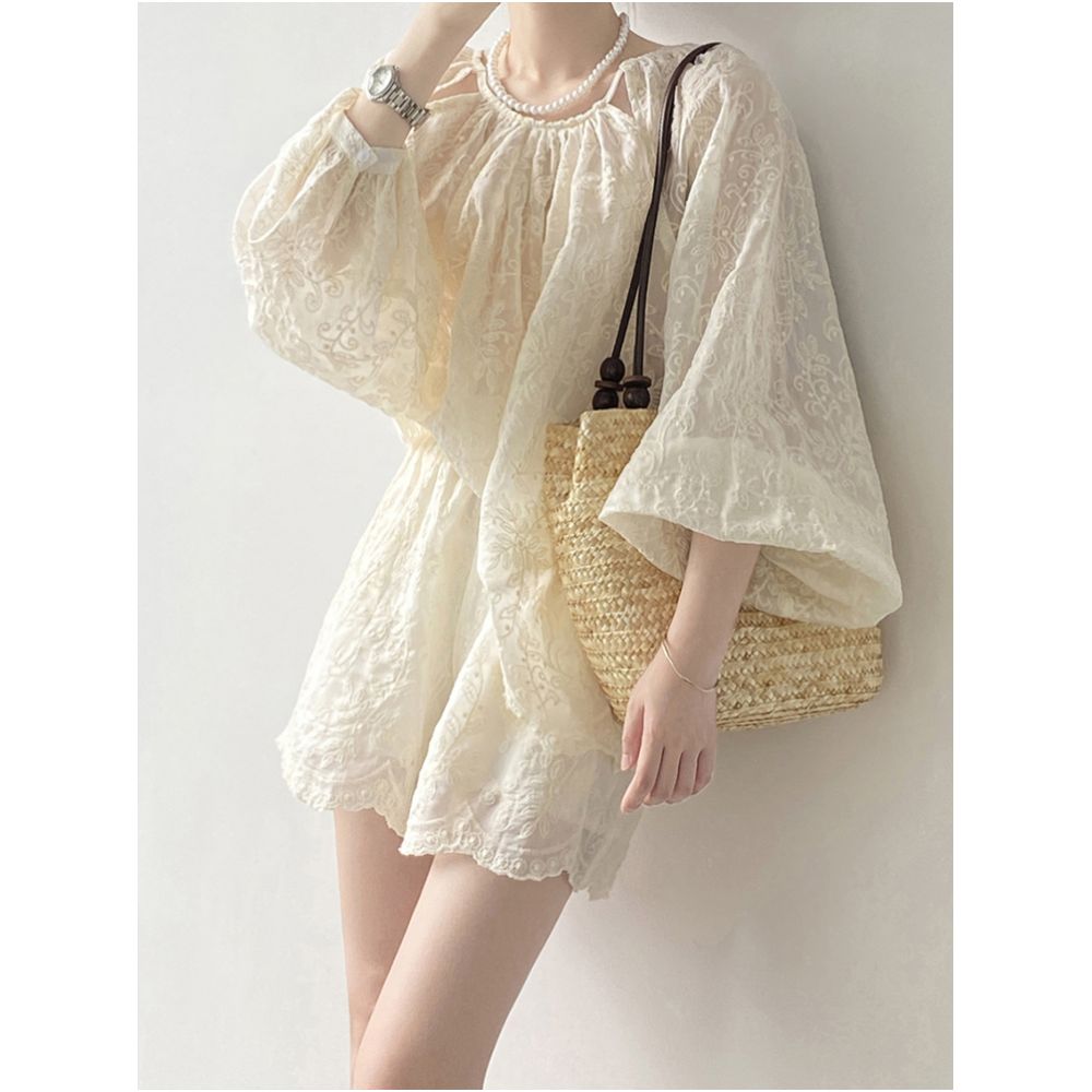 High end embroidered sun protective shirt set for women summer style lantern sleeve top casual wide leg shorts two piece set image 1