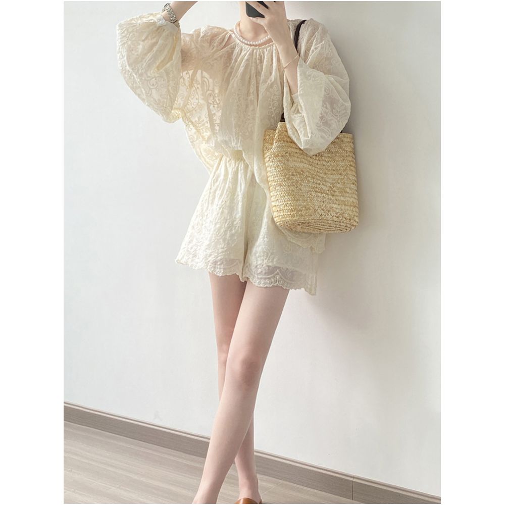 High end embroidered sun protective shirt set for women summer style lantern sleeve top casual wide leg shorts two piece set image 3