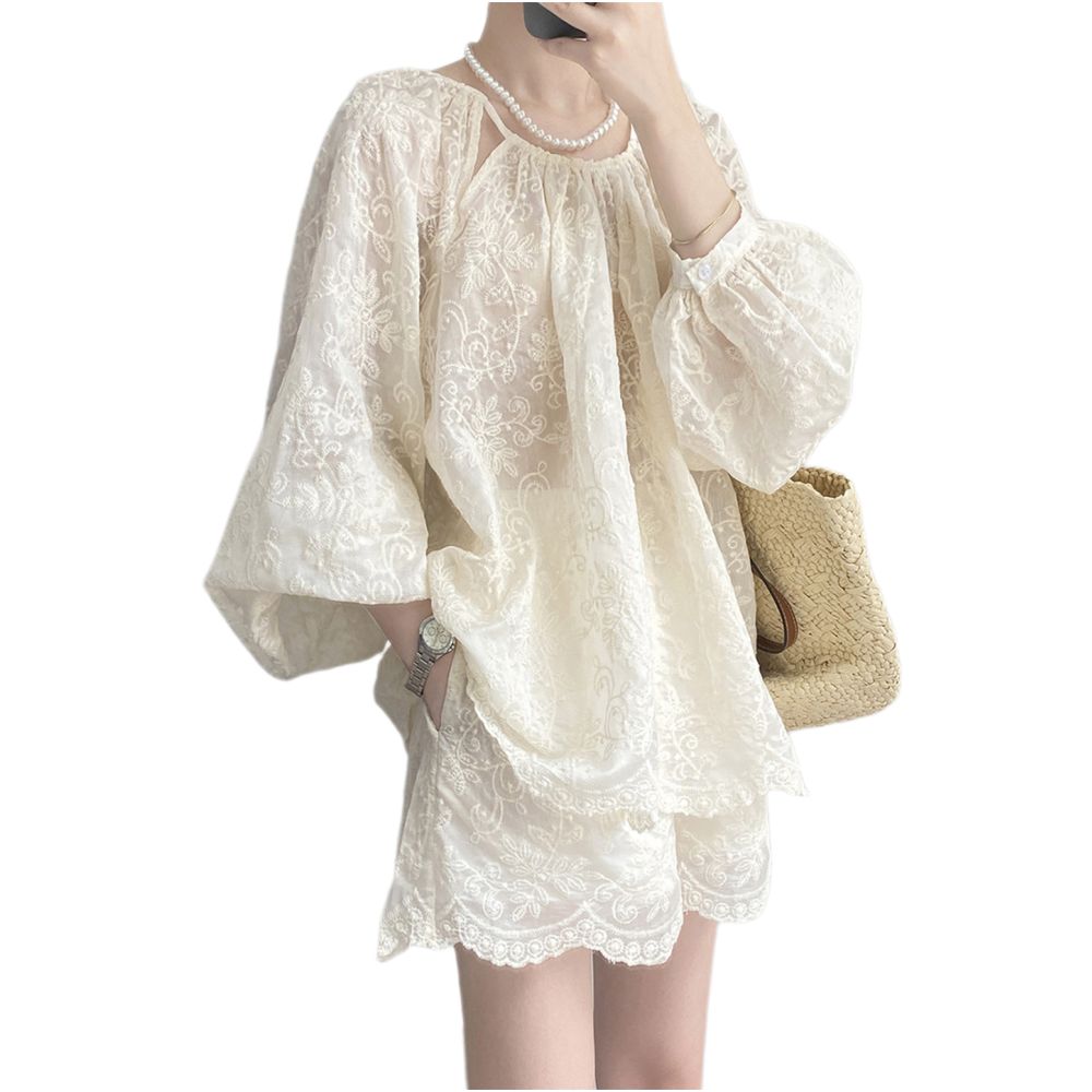 High end embroidered sun protective shirt set for women summer style lantern sleeve top casual wide leg shorts two piece set image 4