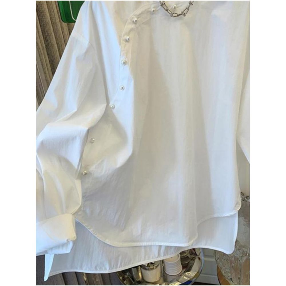 New Chinese style pearl white shirt for women in spring 2025 loose and high end feeling layered casual long sleeved base shirt top image 1