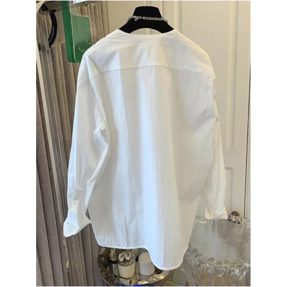 New Chinese style pearl white shirt for women in spring 2025 loose and high end feeling layered casual long sleeved base shirt top image 2