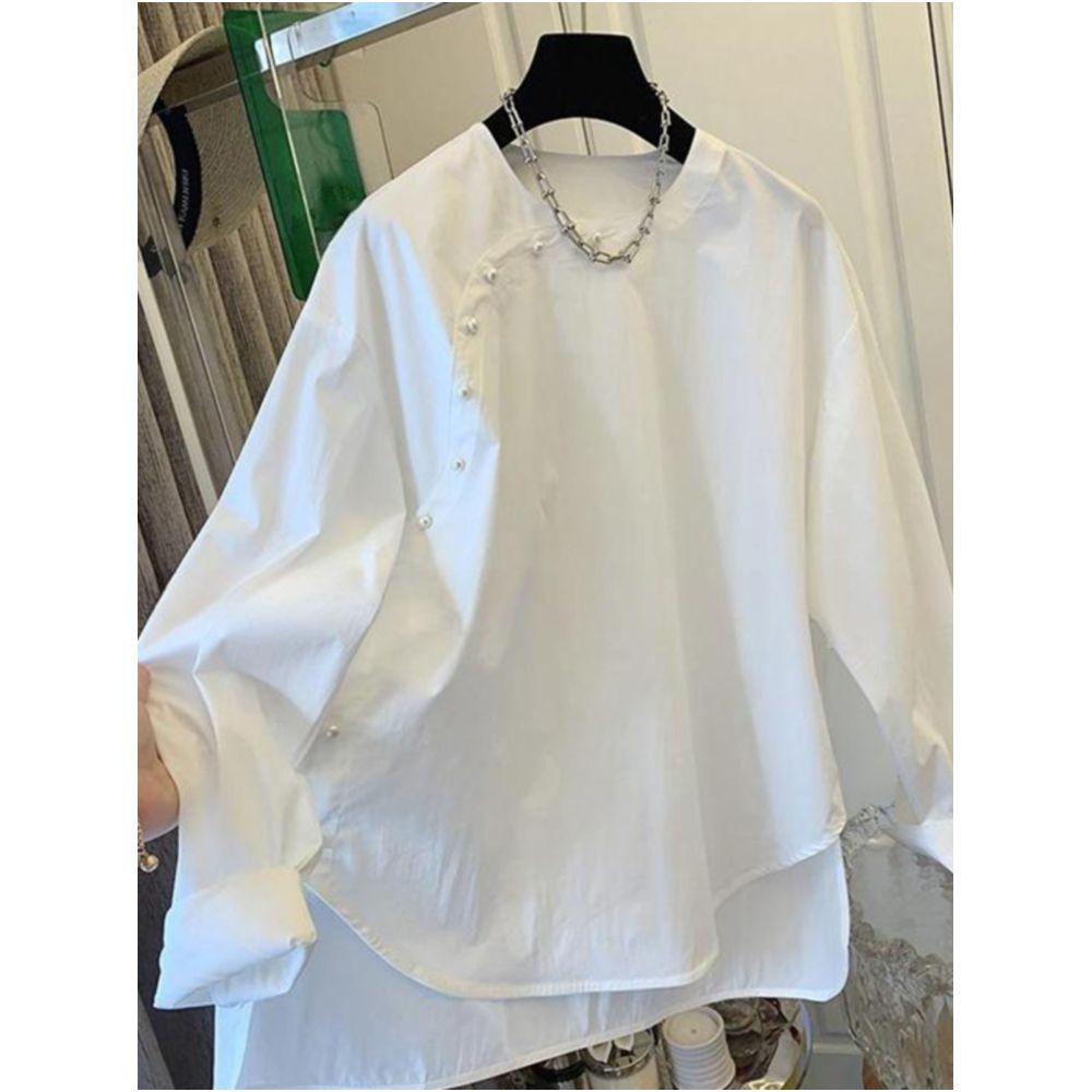 New Chinese style pearl white shirt for women in spring 2025 loose and high end feeling layered casual long sleeved base shirt top image 3