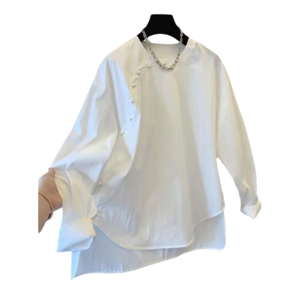 New Chinese style pearl white shirt for women in spring 2025 loose and high end feeling layered casual long sleeved base shirt top image 4