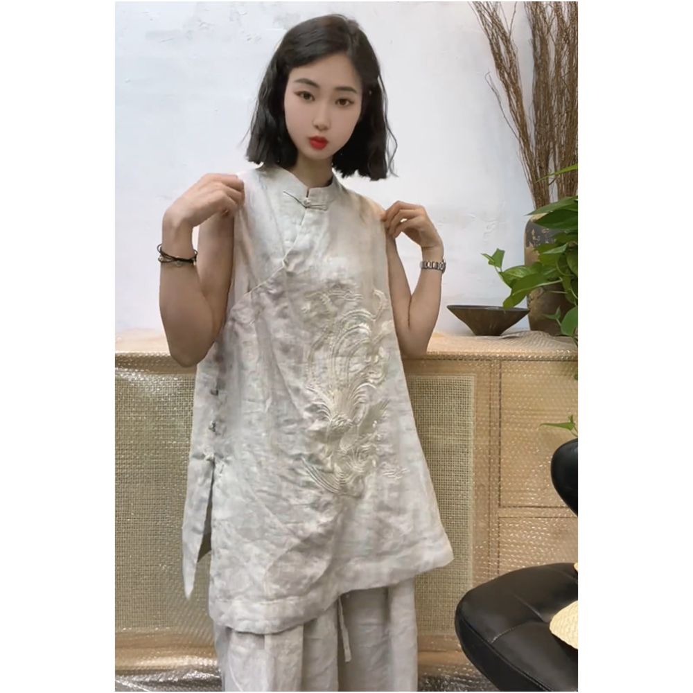New Chinese style versatile sleeveless linen embroidered shirt European 2025 summer temperament casual mid length top image 2