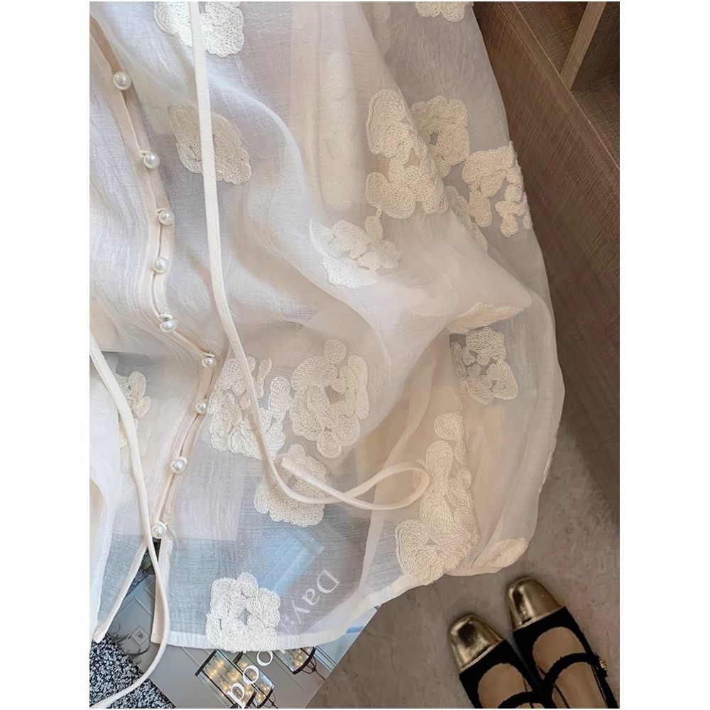 New Chinese style white lace patchwork round neck shirt for men and women in spring and summer with a niche design and loose sun protection cover image 2