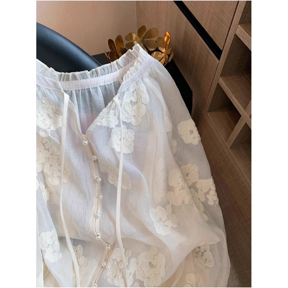 New Chinese style white lace patchwork round neck shirt for men and women in spring and summer with a niche design and loose sun protection cover image 3
