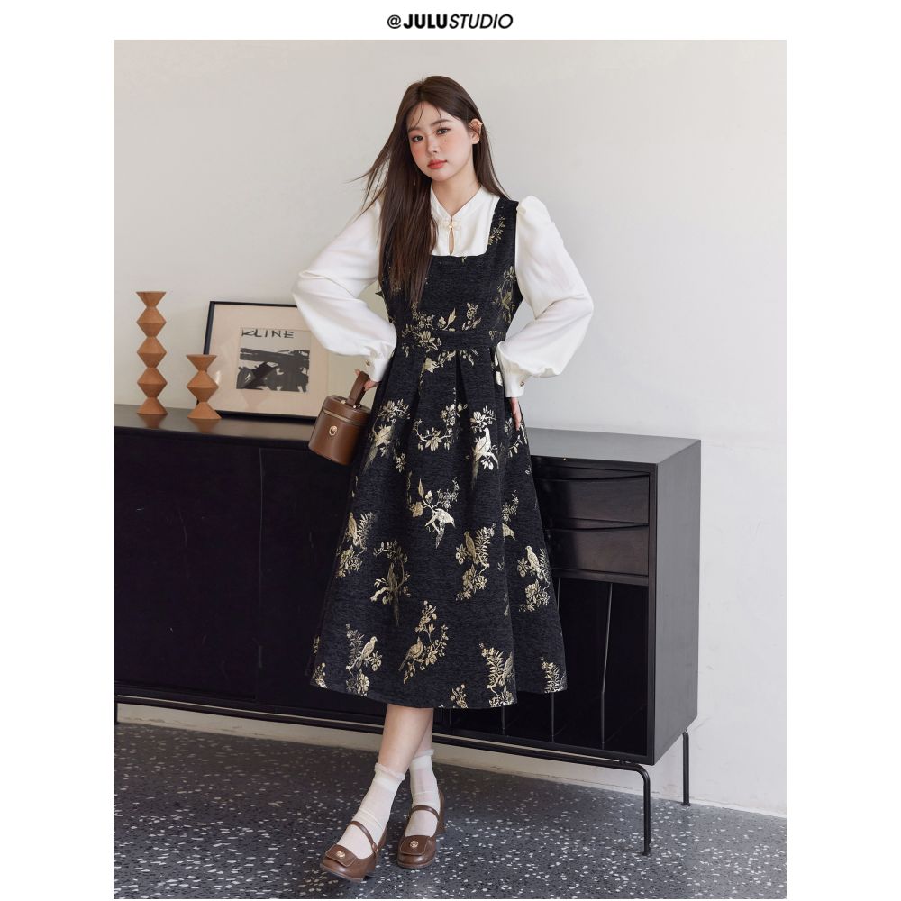 Julu Studio s Looping Poems Retro Chinese Style New Chinese Patchwork Color Block Embroidered Dress for Curvy Women image 1